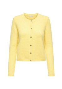 Gul cardigan laget av myk stoff, med rund hals, lange ermer og seks frontknapper, samt ribbestrikket kant og mansjetter.