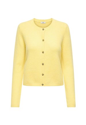 Rumena jopica iz mehkega blaga, s krožnim izrezom, dolgimi rokavi in šestimi sprednjimi gumbi, z rebrastim robom in manšetami.