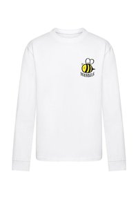 Weißes Langarmshirt mit einem schwarzen und gelben Bienenmotiv und dem Text "YOURSELF" darüber. Hergestellt aus weichem Baumwollmaterial.