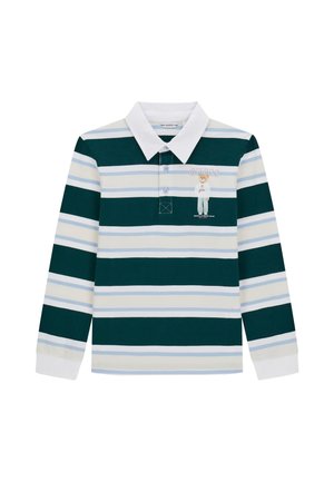 Langärmliges Rugbyshirt mit weißem Kragen, horizontalen dunkelgrünen, weißen und hellblauen Streifen sowie kleiner Bärengrafik mit "Guess" Text auf der Brust.