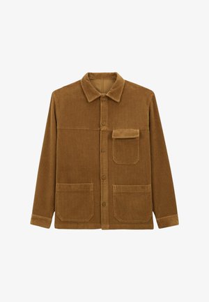 Veste en velours côtelé marron avec un col, des boutons sur le devant, une poche poitrine et deux poches plaquées inférieures. Tissu texturé avec des nervures verticales.