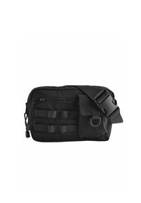 Black fabric messenger bag with adjustable strap, front zip pocket, side loops, and horizontal webbing for attachment. Compact rectangular shape.