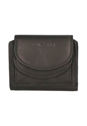 Portafoglio in pelle nera con bordi cuciti e chiusura a ribalta curva, caratterizzato da un logo impresso sul davanti. Forma compatta e rettangolare.