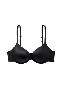 Sostegno nero imbottito con texture liscia, spalline regolabili e un design senza tempo. Presenta coppe senza cuciture e una fascia larga per supporto.