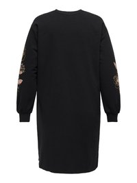 Must pikkade varrukatega kleit ümara kaelusega ja lilltikandiga varrukatel. Pehme kangas ja lõdvestunud lõige, mis ulatub poolpõlve pikkuseni.