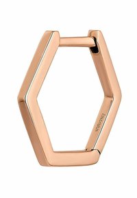 Anillo hexagonal en oro rosa, con bordes lisos y un acabado pulido. Incluye una pequeña abertura en un lado para facilitar su colocación.