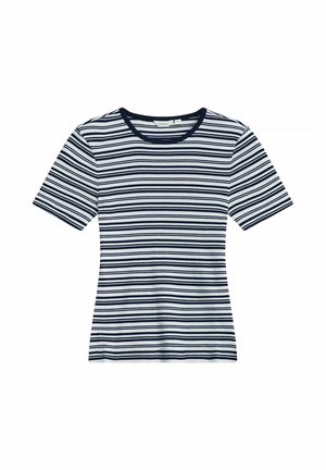 Marineblå og hvide, vandret stribede kortærmede striktrøje med rund halsudskæring, tætsiddende silhuet og ribbet struktur.