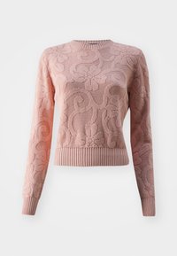 Pull rose tricoté avec motif floral en relief, col rond, poignets et ourlet côtelés, légèrement court avec tissu texturé.
