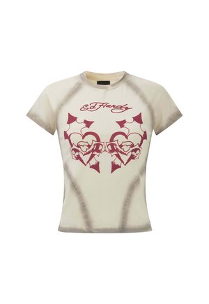 Korte mouwen crème t-shirt met een bordeaux graphic van verstrengelde harten en schedels, met een gladde textuur en contrasterende zijnaad.