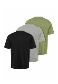 Tre enkle T-skjorter med korte ermer i svart, lys grå og olivengrønn, vist bakfra og overlappende.