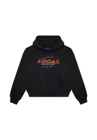 Czarna krótka bluza z kapturem wykonana z miękkiego materiału, z dużą kolorową grafiką "LOCAL HEROES" z przodu oraz kieszenią z przodu.