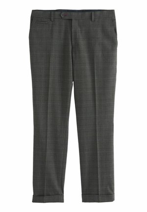 Dark gray plaid dress pants with front pockets and cuffed hems, button closure at the waist, tailored fit.