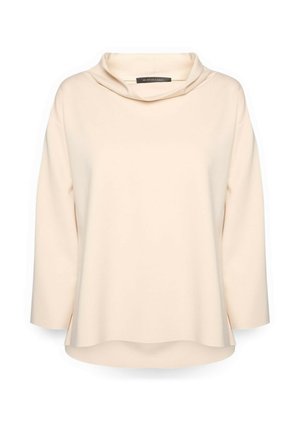 Top a maniche lunghe color crema con ampia scollatura a risvolto e orlo leggermente curvo, realizzato in tessuto liscio.