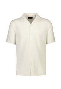 Camisa de manga corta en color crema claro, con una parte delantera abotonada, un collar clásico y un acabado de tela suave y texturizada.