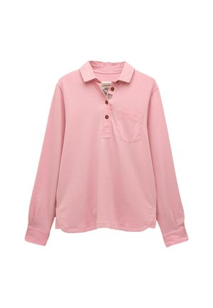 Long-sleeve pink polo shirt made of cotton, featuring a collared neckline, three-button placket, and a front pocket. Smooth texture.