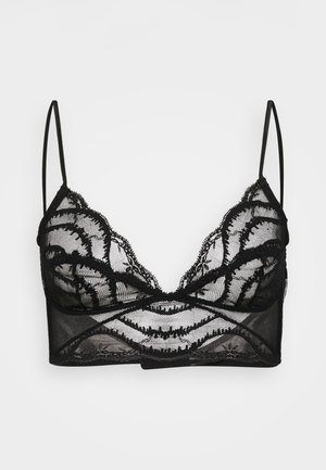 Black lace bralette with scalloped edges, sheer mesh fabric, intricate floral patterns, and thin adjustable shoulder straps.