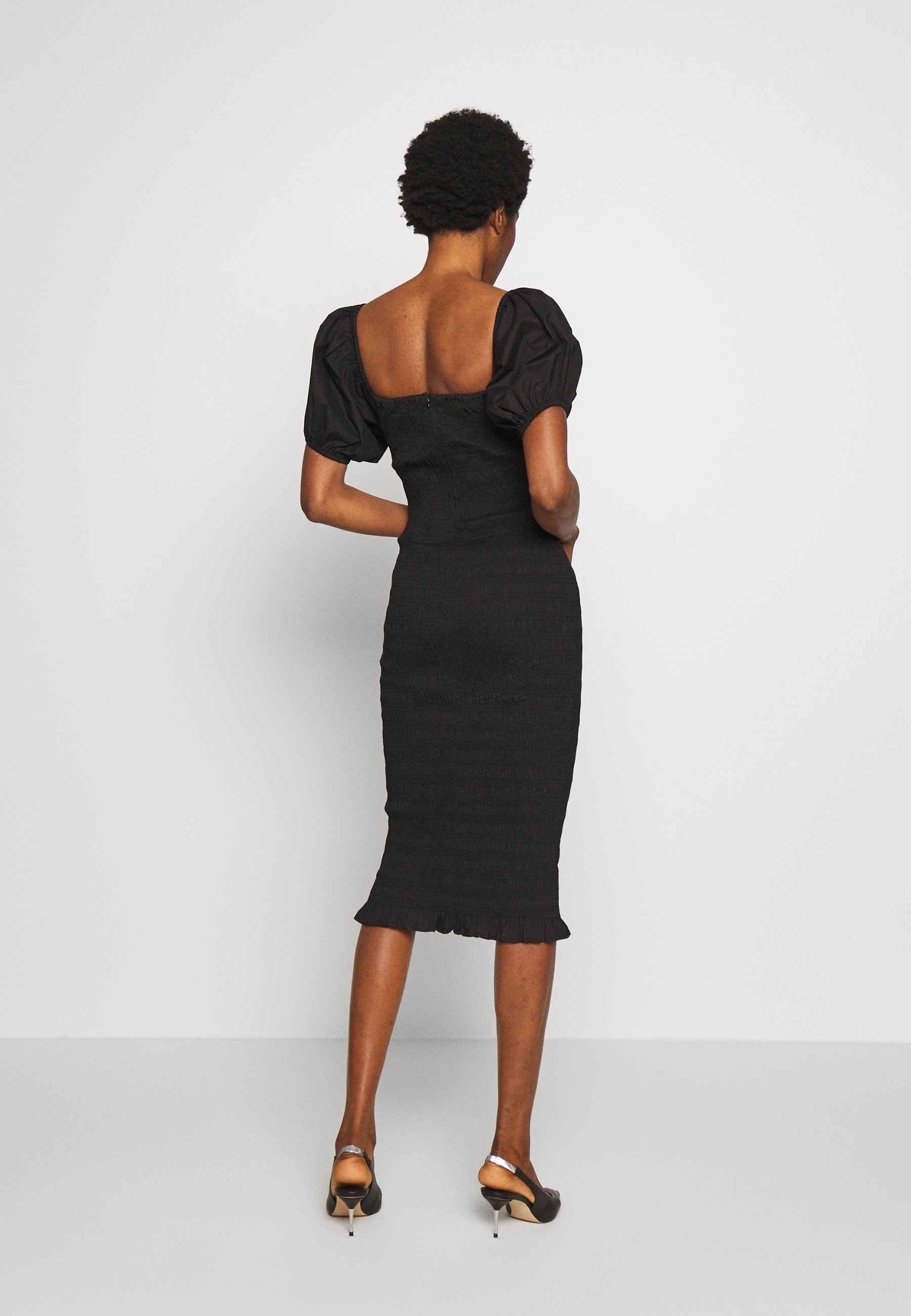 shirred bardot midi dress