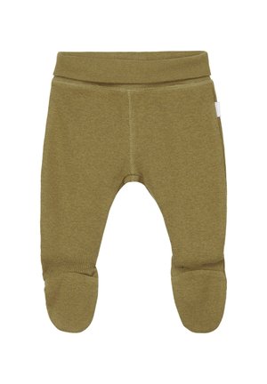 Olivengrønne babybukser med ribbet stof, lukkede fødder og elastisk linning, sømløs midterfrontsøm, lille hvid sideetiket.