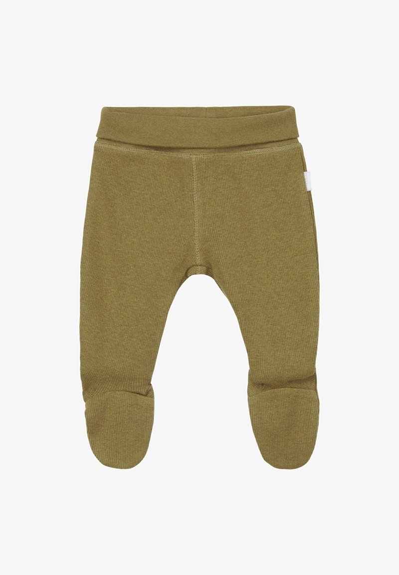 Pantalon bébé côtelé vert olive avec pieds fermés et taille élastique, couture centrale avant sans coutures, petite étiquette blanche sur le côté.