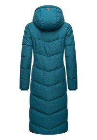 Teal padded coat with a hood, featuring a chevron design and long sleeves. The fabric has a textured appearance and a branded accent near the hem.