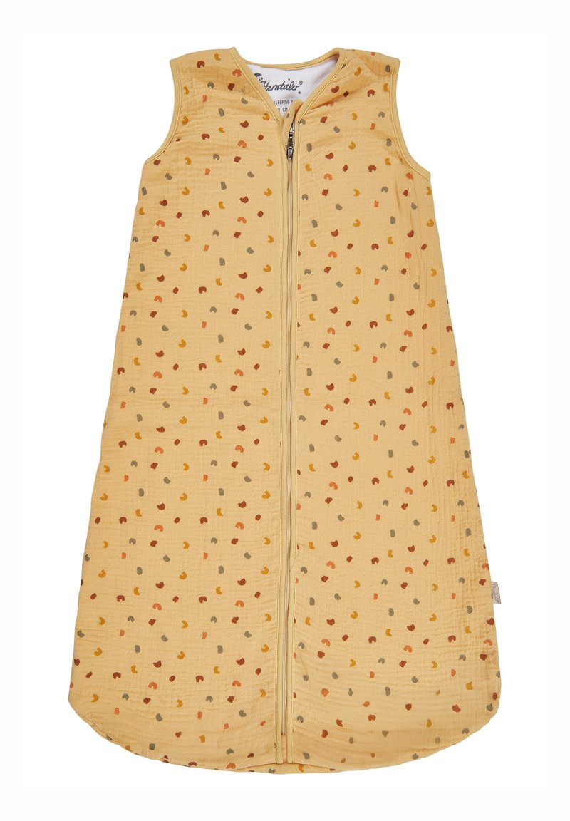 Gelber Schlafsack mit Reißverschluss, versehen mit einem gepunkteten Muster in orange, braun und beige. Weicher, strukturierter Stoff.