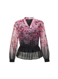 Durchsichtige Bluse mit floralem Design in Pink und Schwarz, mit langen Ärmeln, V-Ausschnitt und gerafftem Taillenbund. Strukturiertes Material mit fließender Silhouette.