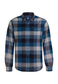 Blauw en grijs geruite overhemd met een knoopsluiting, twee borstzakken en lange mouwen, gemaakt van een zachte, gestructureerde stof.
