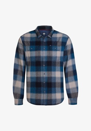 Blau- und grau kariertes Hemd mit Knopfleiste, zwei Brusttaschen und langen Ärmeln aus weichem, strukturiertem Material.