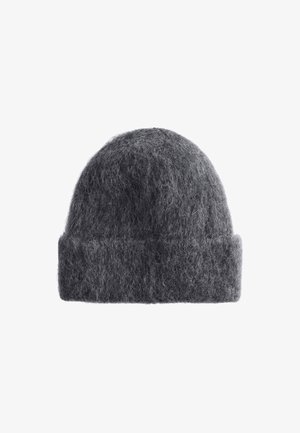 Gray wool beanie with a soft, fuzzy texture, rounded top, and a folded cuff design. Uniform color with no visible patterns or accents.