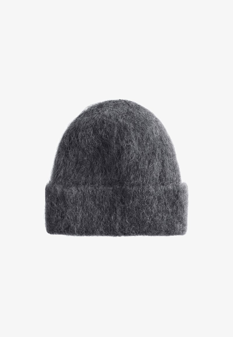 Gray wool beanie with a soft, fuzzy texture, rounded top, and a folded cuff design. Uniform color with no visible patterns or accents.