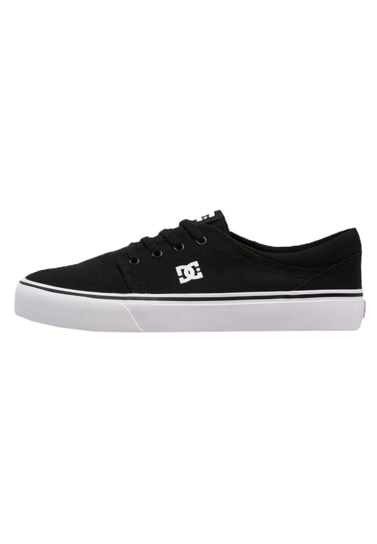 Black canvas sneakers with white rubber soles, featuring a simple design, five eyelet lace-up closure, and a white logo on the side.