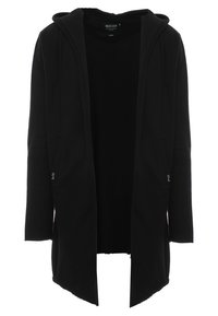 Veste à capuche noire avec une coupe décontractée, fabriquée en matériau doux, dotée de manches longues, de poches latérales et d'un design minimaliste.