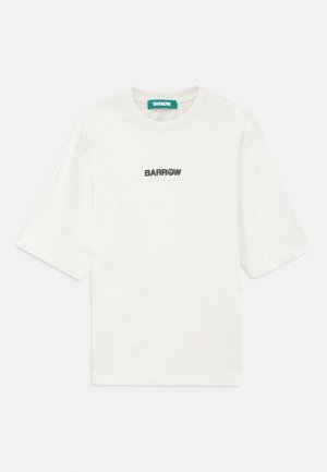 T-shirt bianco in cotone con maniche corte, colletto rotondo e logo stampato in nero "BARROW" sul lato sinistro del petto. Tessuto liscio, vestibilità casual.