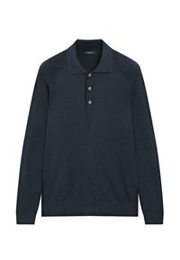 Pullover blu navy con colletto polo, pettorina con cinque bottoni e dettagli a coste su spalle e polsini. Realizzato in morbido tessuto a maglia.