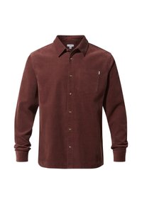 Burgundy long-sleeve shirt, button-up front, chest pocket, cotton corduroy texture, with brown buttons and a classic collar design.