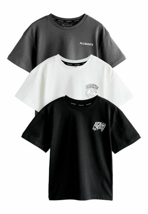Drei T-Shirts aus Baumwolle in Schwarz, Weiß und Grau. Mit Logo-Drucken auf der Vorderseite, rundem Ausschnitt und kurzen Ärmeln. Lässiger Schnitt.