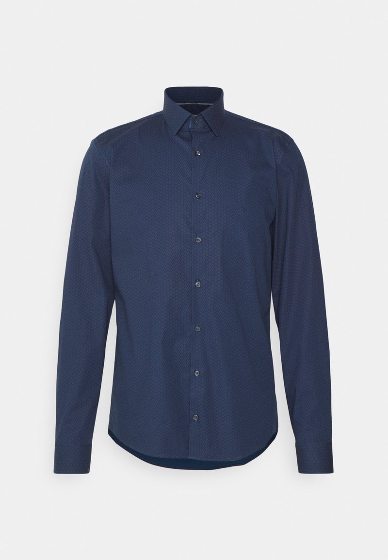 Herrenhemd mit langen Ärmeln in Marineblau, mit dezentem Zickzackmuster, durchgehender Knopfleiste und klassischem Kragen.