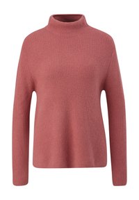 Pull en maille côtelée rose poussière à manches longues, col montant et coupe décontractée.