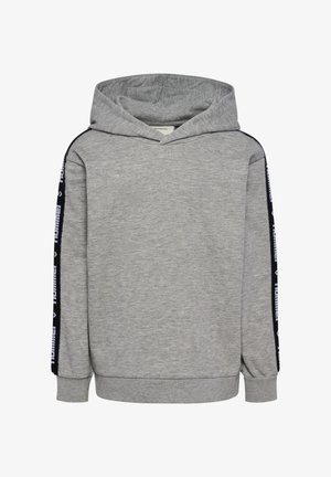 Szara bluza z kapturem, z długimi rękawami, z czarnymi paskami po bokach z napisem. Wykonana z miękkiego, teksturowanego materiału.