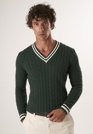 Pullover verde lavorato a maglia con scollo a V, caratterizzato da un motivo a treccia e polsini a coste striati di bianco. Indossato sopra pantaloni chiari.
