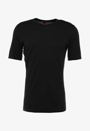 Schwarzes T-Shirt mit kurzen Ärmeln aus Baumwolle, mit Rundhalsausschnitt und taillierter Passform. Es hat eine glatte Textur und keine sichtbaren Muster.