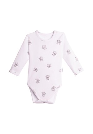 Białe body dla niemowląt z długim rękawem i zatrzaskami, ozdobione małymi szarymi ilustracjami koali trzymających liście.