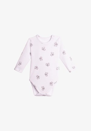 Białe body dla niemowląt z długim rękawem i zatrzaskami, ozdobione małymi szarymi ilustracjami koali trzymających liście.
