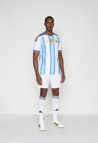 Mannelijke atleet staand in het Argentijnse voetbaltenue met blauw-witte strepen, witte broek, hoge witte sokken en witte voetbalschoenen tegen een effen achtergrond.