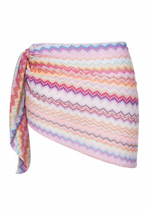 Gonna a portafoglio in tessuto colorato con motivo a chevron, annodata sul lato sinistro con tonalità pastello di rosa, viola, arancione e blu.