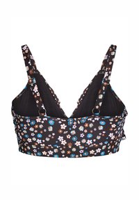 Bralette noir à motifs floraux avec de petits motifs de fleurs multicolores. Dispose de bretelles ajustables et d'une texture de tissu lisse et extensible.