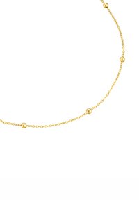 Kuldtooni kettkaelake, mille koostisosadeks on ümarad helmed vahepeal, valmistatud metallist ning delikaatsest, seotud disainist. Ühtlane tekstuur kogu ulatuses.