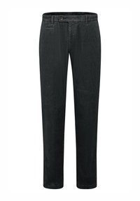 Černé kordové kalhoty s rovnými nohavicemi, s knoflíkovým zapínáním, boční kapsou a strukturovanou látkou.