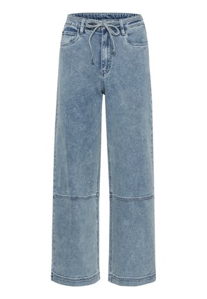 Pantalons large en denim bleu clair avec une taille réglable par cordon, deux poches avant et des détails de couture visibles. Design décontracté et coupe ample.