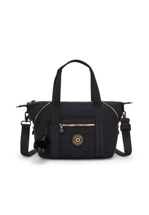 Schwarze Stoffhandtasche mit doppelten Griffen, Frontreißverschlusstasche, abnehmbarem Schultergurt und kleinem Plüsch-Schlüsselanhänger.